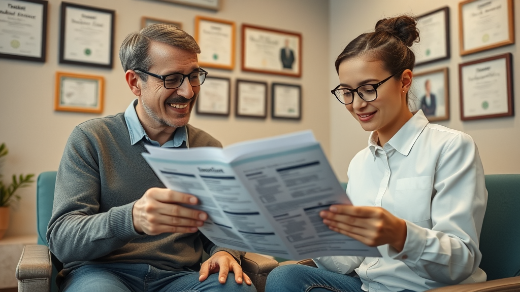 concerned parent and young adult discussing dental insurance paperwork with friendly orthodontist, dental insurance discussion for braces to aligners switch