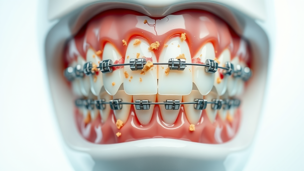 illustration of dental braces showing plaque buildup and food particles trapped around brackets and wires, highlighting the oral hygiene challenges with braces
