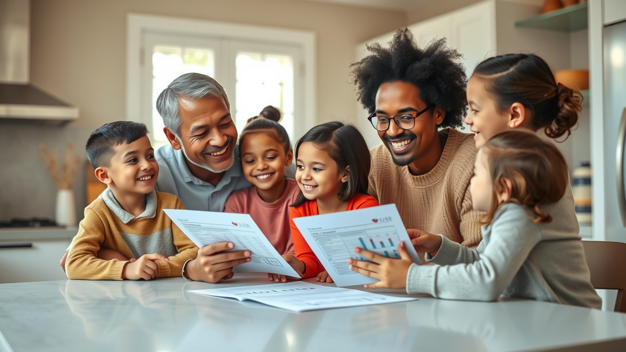 caring family of diverse parents and three children reviewing orthodontic costs together at modern kitchen table, orthodontic care