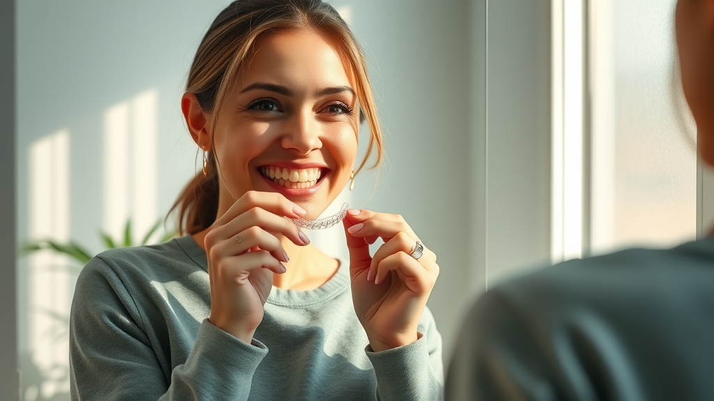Stylish adult woman in Myrtle Beach gently placing a clear aligner, demonstrating a discreet orthodontic solution for adults in the Grand Strand.