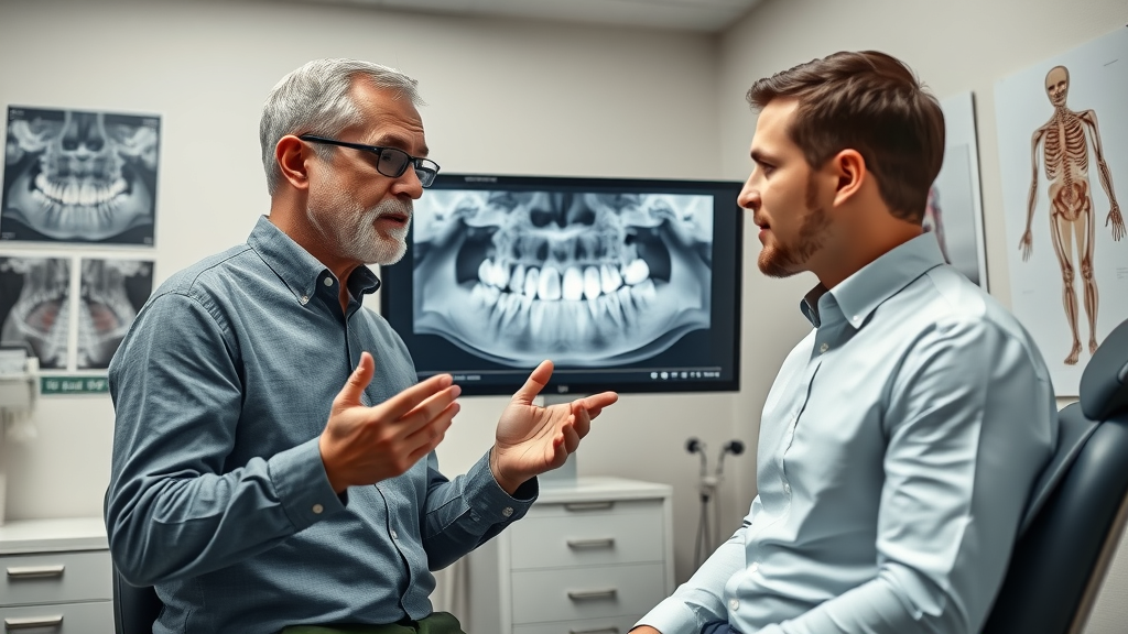 Orthodontist explaining a complex dental X-ray case, highlighting needs for traditional braces in certain situations.