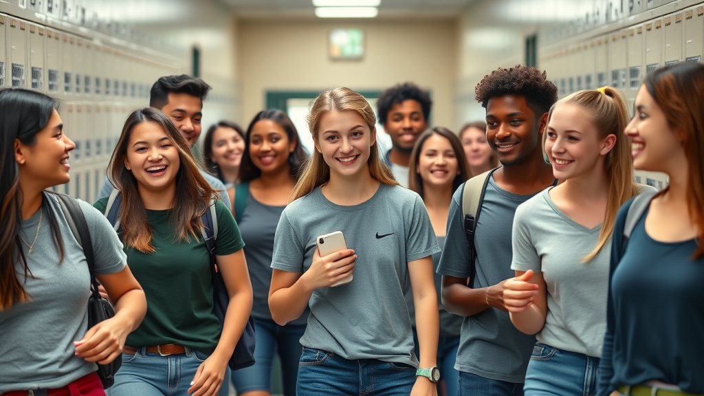 Diverse group of teenagers with bright smiles in a lively school hallway, representing teen mental health and orthodontic health treatment options.