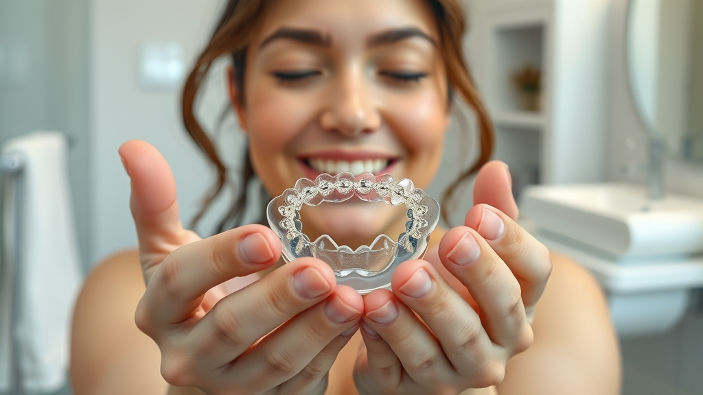 A close-up image of transparent Invisalign aligners held in clean hands in a modern adult bathroom, reflecting on aligner cleaning. This image highlights the daily routine for getting Invisalign at 45: my smile transformation story, including aligner care for busy adults.