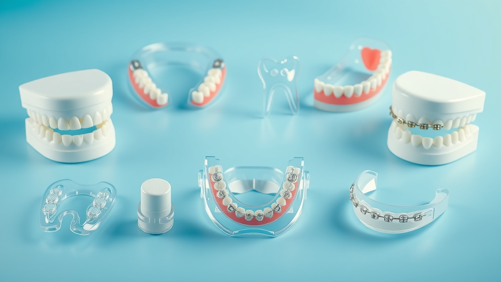 Infographic showing types of orthodontic appliances: expanders, braces, retainers, in a clean dental-themed blue and white background.