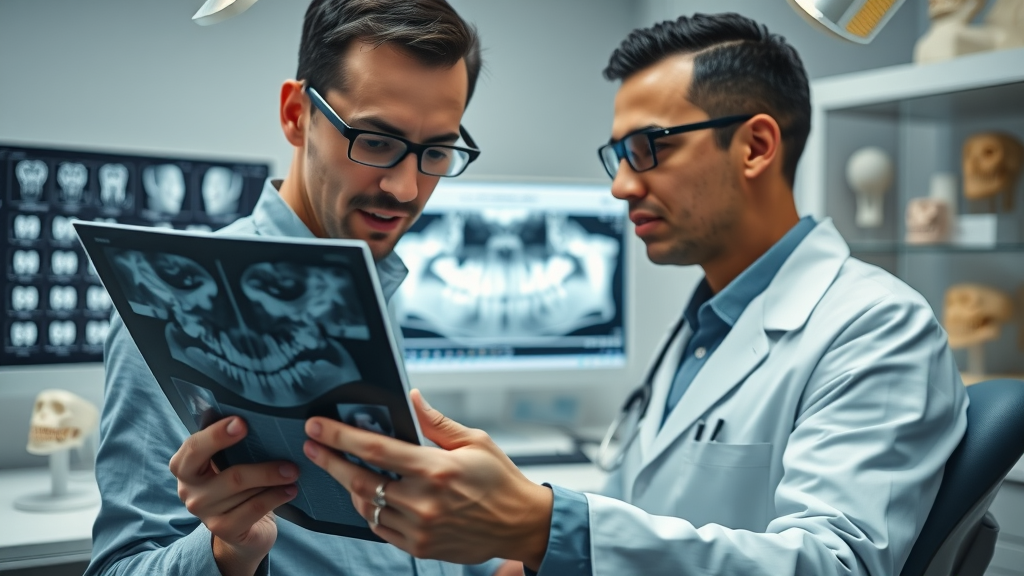 Orthodontist examining dental X-ray in modern dental office, analyzing bite and jaw alignment, what does an orthodontist do that a regular dentist doesn’t?
