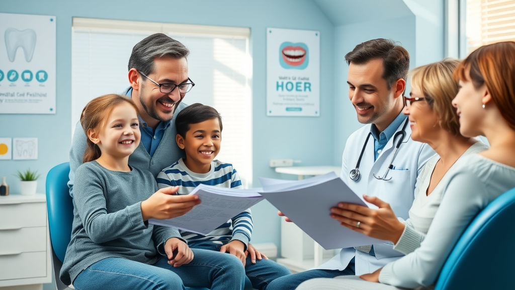friendly orthodontist answering questions, first orthodontic appointment consultation, diverse family, educational dental room