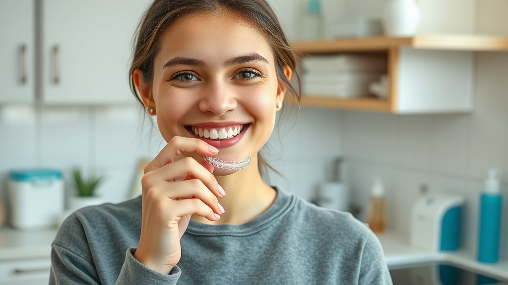 Confident young adult wearing clear orthodontic retainer to prevent teeth shifting after braces