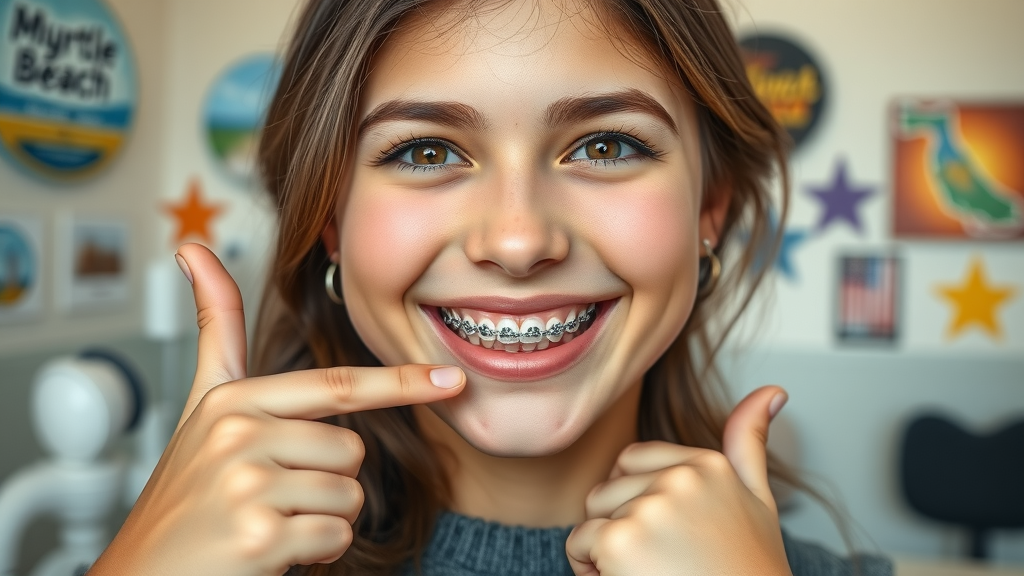 smiling teenager with metal braces at Myrtle Beach dental office