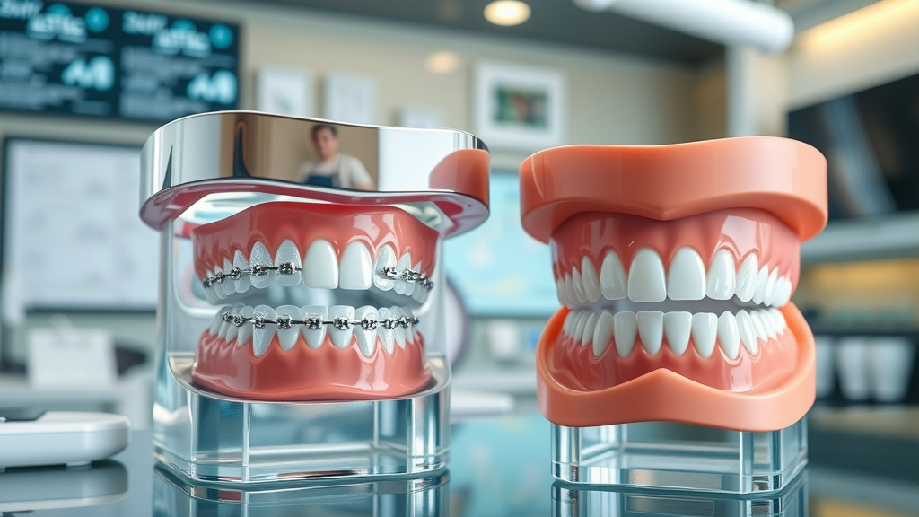 close-up of clear aligners and traditional braces dental models