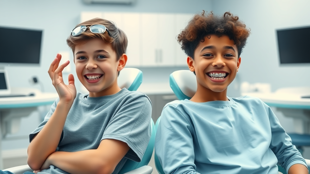 side-by-side view of teens with discomfort from spacers and braces, friendly orthodontic office setting