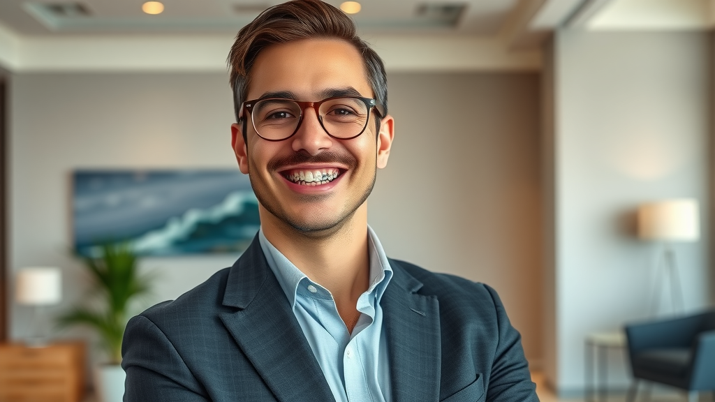 Confident adult in business attire with metal braces, smiling in a Myrtle Beach orthodontic clinic with coastal artwork, representing durable orthodontic options.