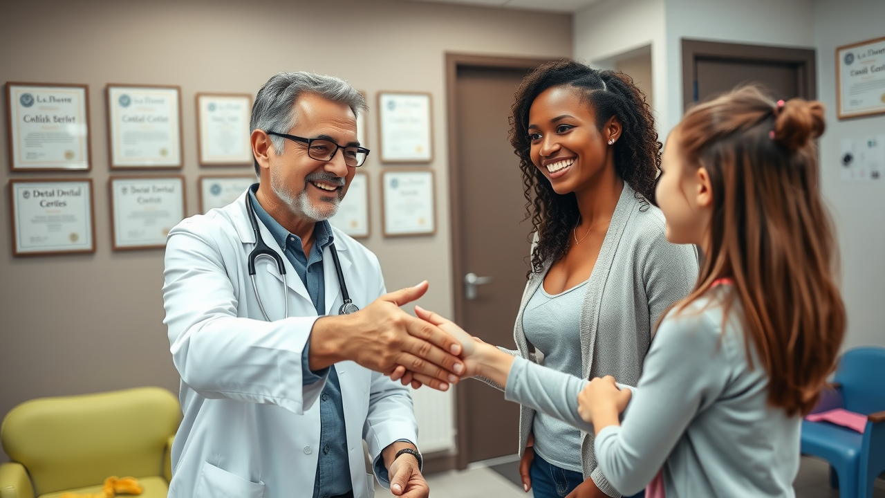 trustworthy orthodontist shaking hands with parent and child in Conway SC consultation room