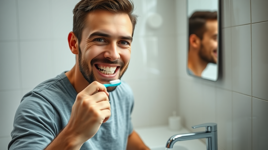 Motivated adult focused on dental hygiene in the bathroom, practicing oral care essential for successful invisalign treatment in complex orthodontic case