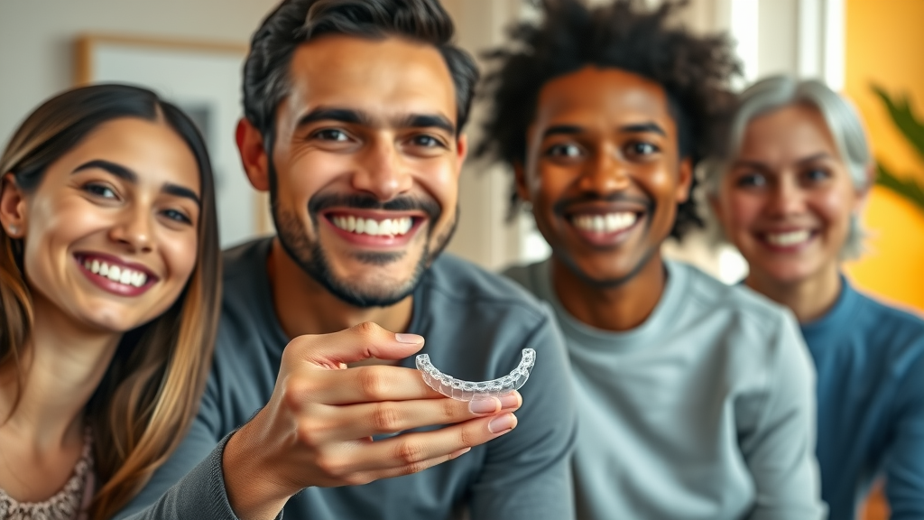smiling diverse adults demonstrating clear aligner, benefits of switching from braces to aligners, photorealistic high fidelity