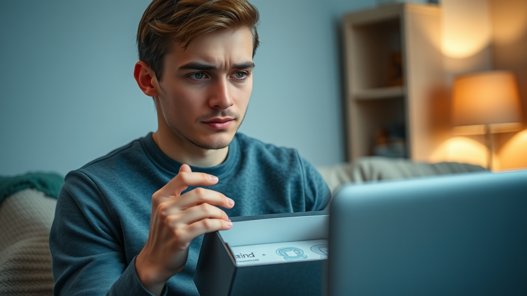 Cautious young adult evaluating mail-order clear aligner kit and understanding risks of diy teeth straightening and at-home kits