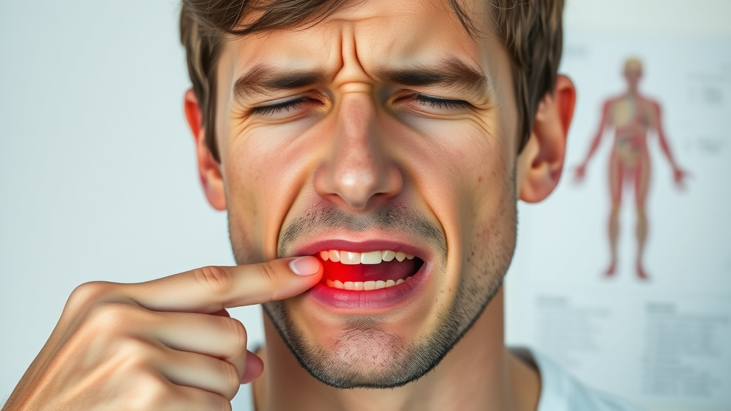 young adult male with obvious TMJ discomfort, pointing to jaw with slight redness, clinical background