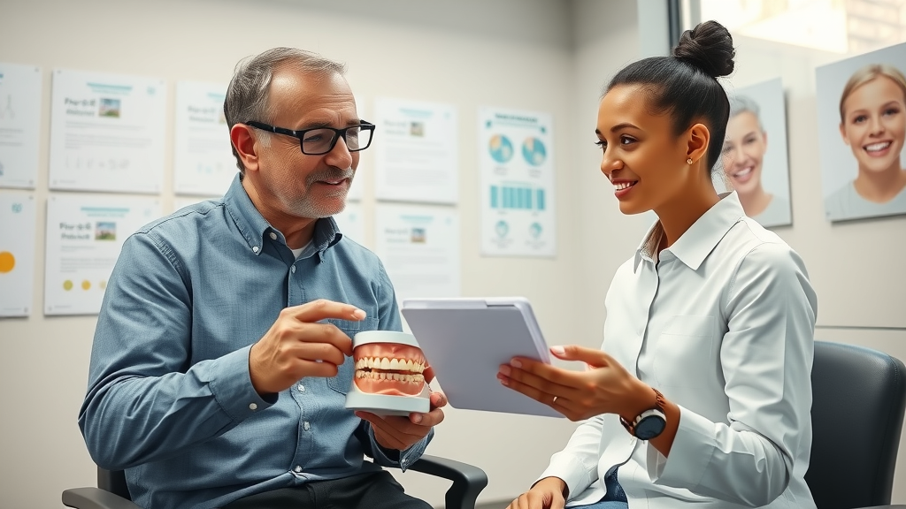 orthodontist and patient discussing jaw models and appliance options, collaborative expressions in modern clinic