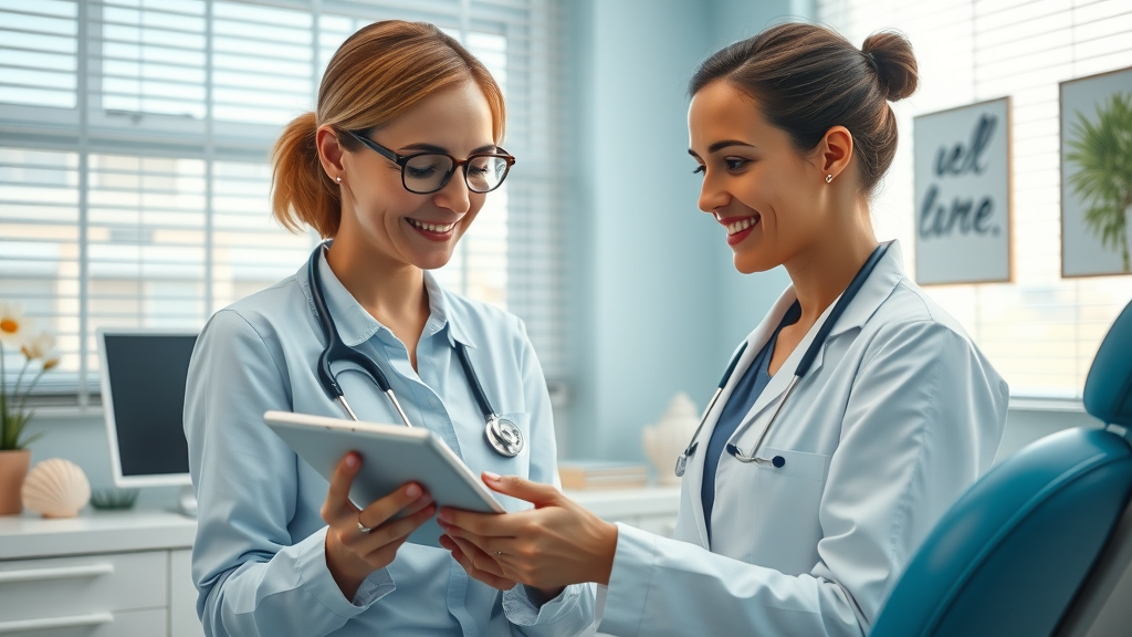 Virtual consultation scene at Coastal Palm Orthodontics with doctor and family on tablet