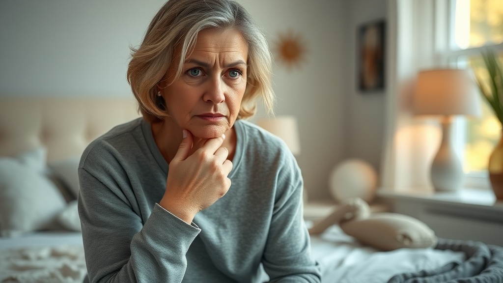 concerned middle-aged woman holding jaw, possibly experiencing sleep apnea or jaw pain, sitting on a bed in a softly lit modern bedroom