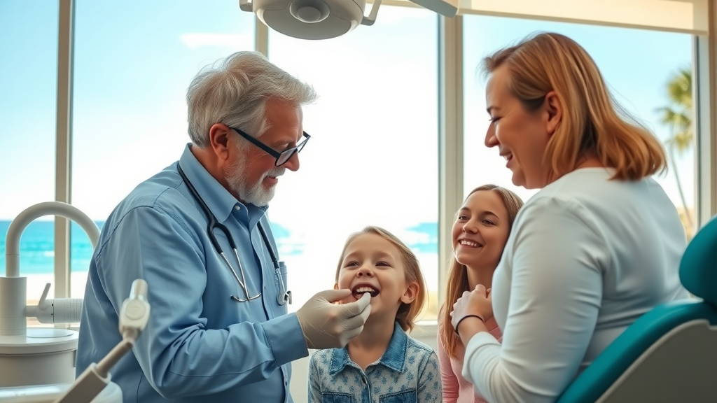 Orthodontist in Myrtle Beach examining child with ocean view in background