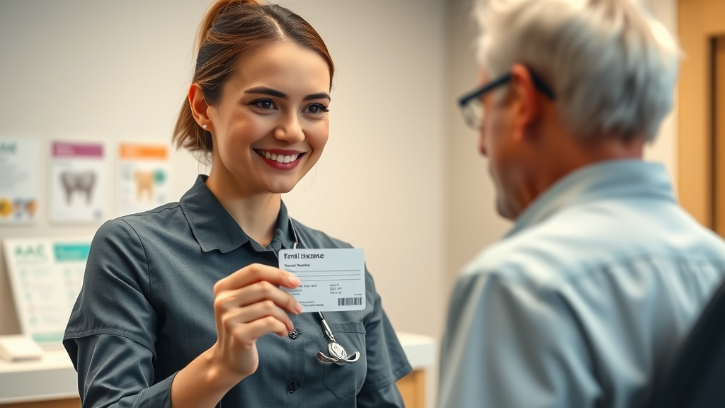 Dental insurance agent presenting insurance card to patient for Invisalign coverage