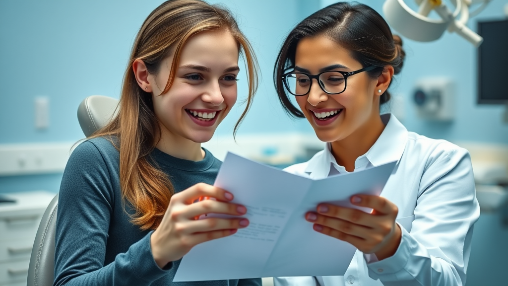 Smiling teenager patient and orthodontist discussing braces plan, how long does orthodontic treatment usually take, dental clinic environment, engaged, confident expressions