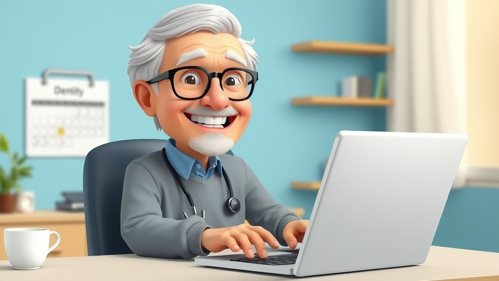 Older adult scheduling orthodontic treatment for a straighter smile on laptop, upbeat and determined