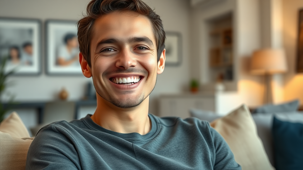 Confident young adult smiling, clear aligners visible for discreet dental correction.