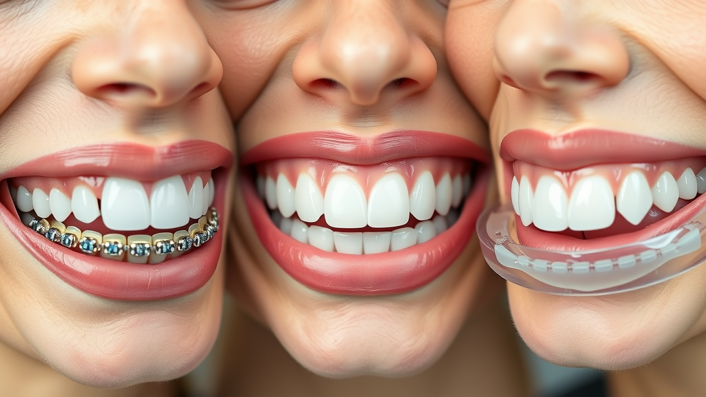 Side-by-side view of adult mouths with metal braces, ceramic braces, and clear aligners, orthodontic treatment options