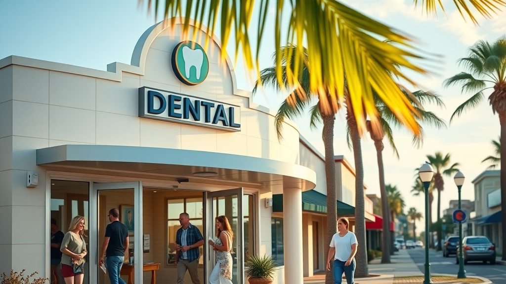 North Myrtle Beach dental clinic facade with palm trees and happy patients - where can i find invisalign specialists in north myrtle beach?
