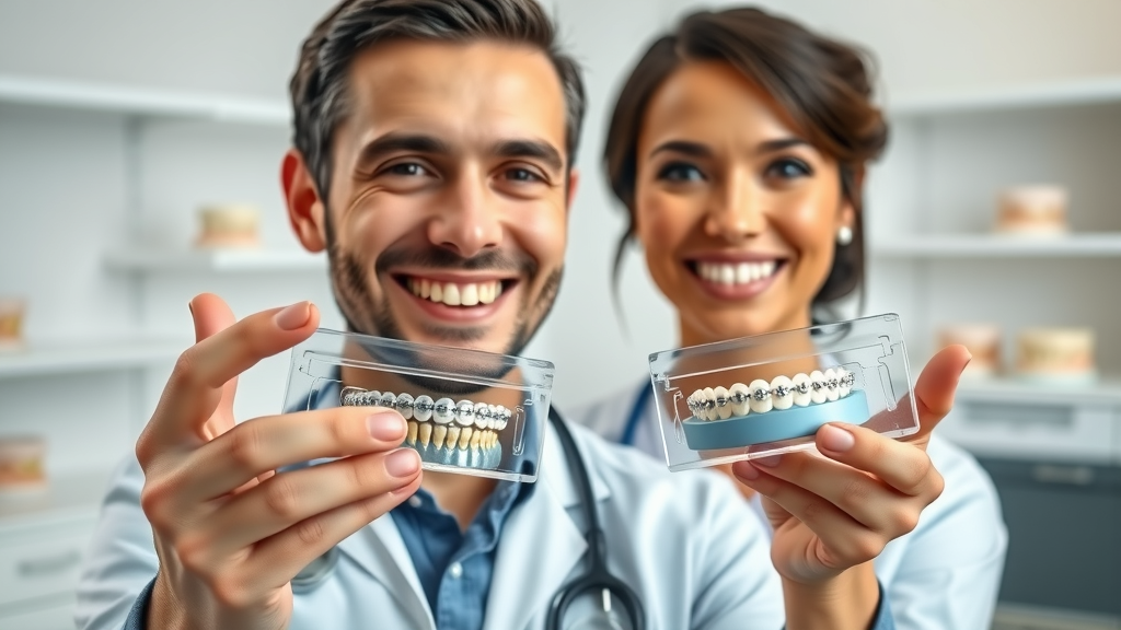 Professional orthodontist showing Invisalign trays and traditional braces side by side to adult patient in a consultation about complex orthodontic cases