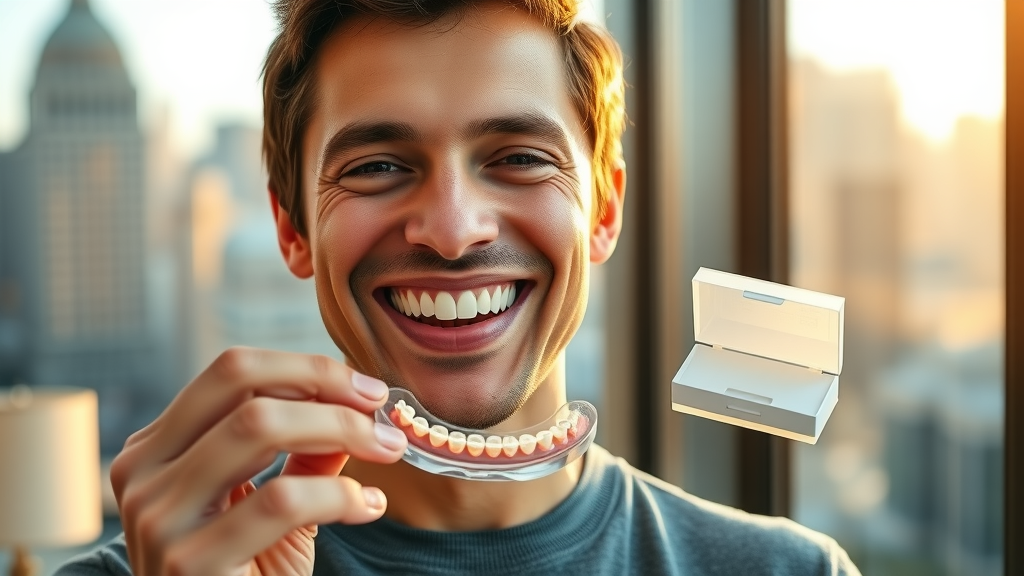 confident adult smiling, holding up Invisalign aligners, happy after switching from metal braces, braces to Invisalign testimonial