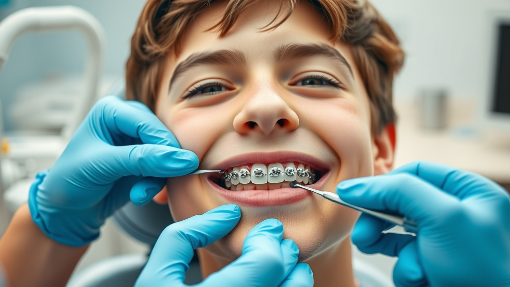 traditional braces orthodontic treatment: Teen getting metal braces installed by an orthodontist in a modern dental office
