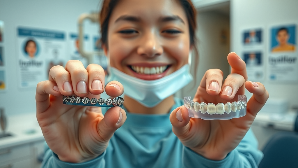 sequence of hands holding metal braces then clear Invisalign trays, demonstrating swapping braces to Invisalign aligners