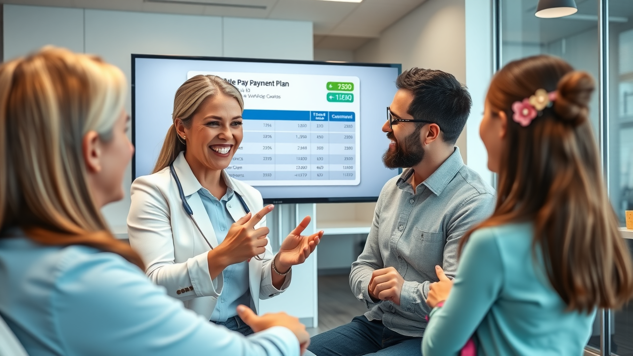 financial advisor at orthodontic clinic explaining flexible payment plan for multiple children, orthodontic care