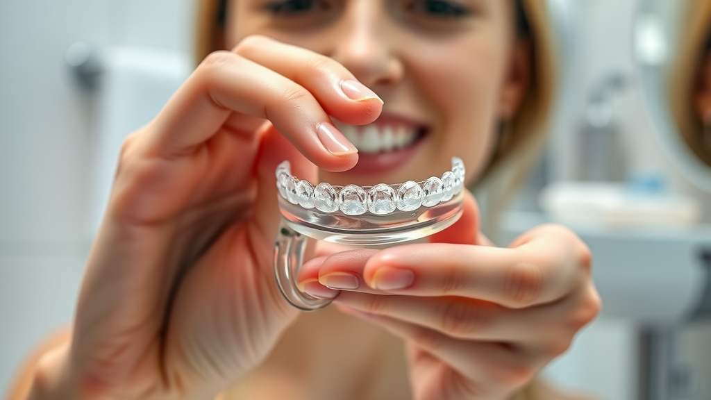 Close-up of hands holding an Invisalign aligner, focused and precise, oral hygiene and care during Invisalign treatment