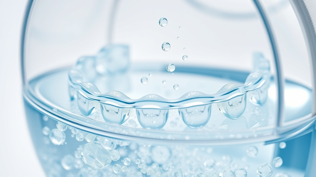 Detailed close-up of Invisalign cleaning crystals dissolving in water with aligners, fizzing effect, Invisalign cleaning crystals