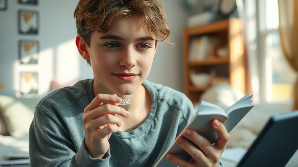 thoughtful teenager holding a transparent dental retainer, cozy bedroom, studying retainer