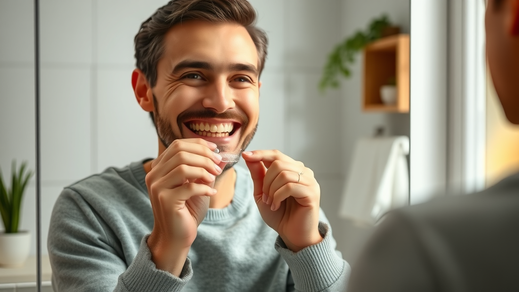 Adult using clear retainer at home to maintain orthodontic results for bite problems and crowded teeth