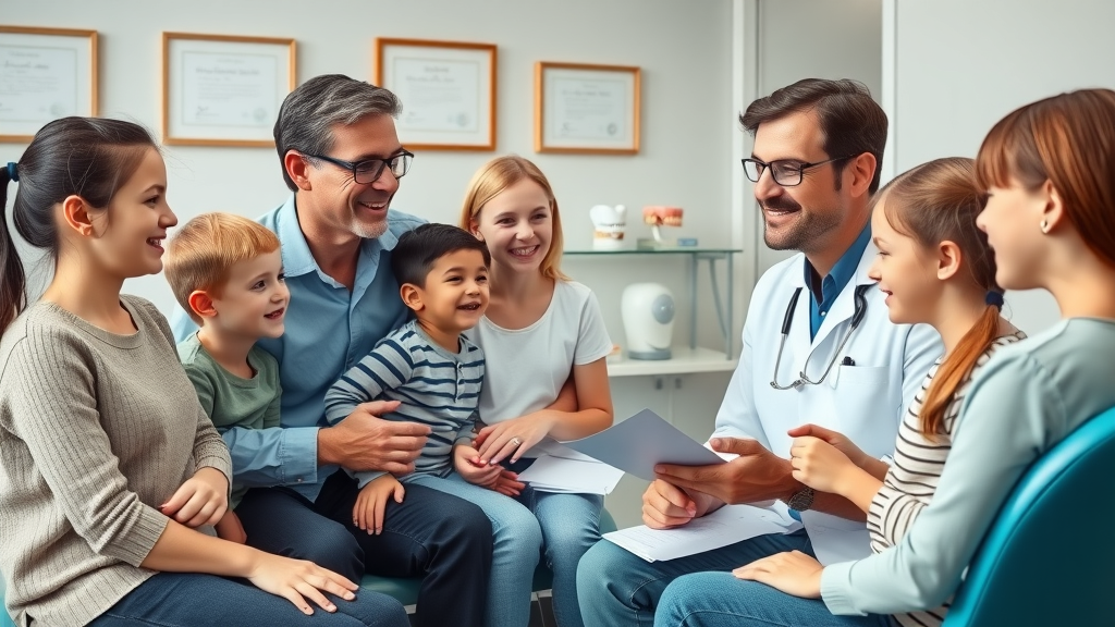 Family of varying ages meeting with orthodontist to discuss braces and aligner options.