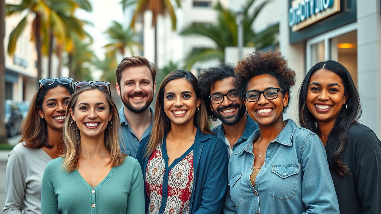 Adults of diverse ages and backgrounds smiling in front of modern Grand Strand orthodontic clinic, relaxed and confident, with beach palm trees behind.