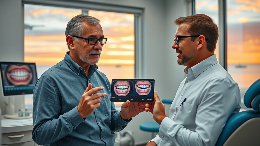Orthodontist in Myrtle Beach showing dental technology to senior patient