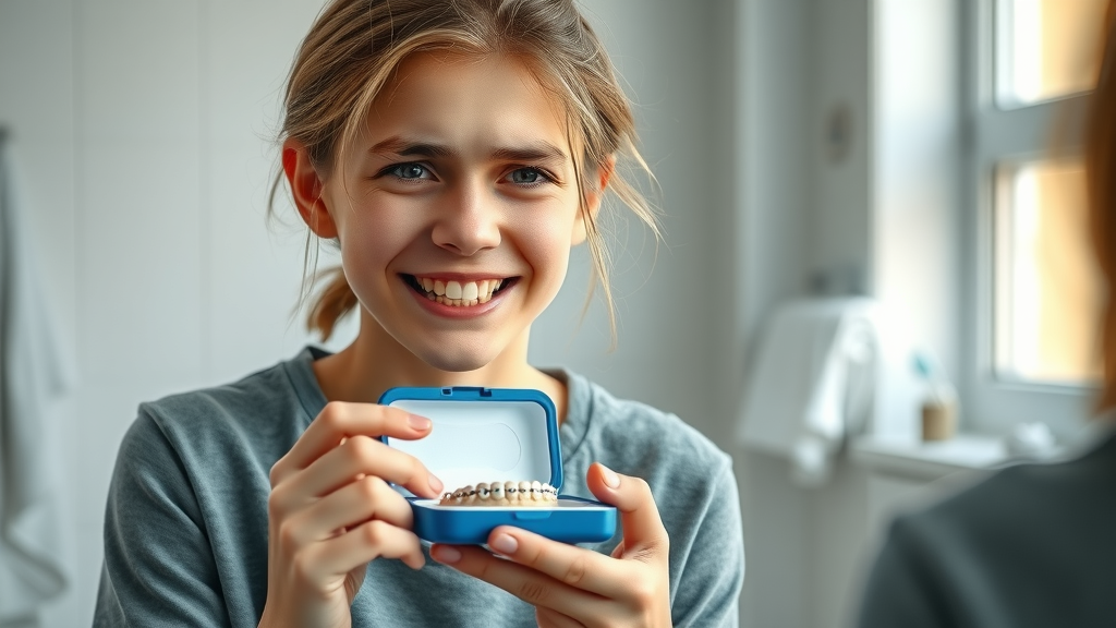 Teenager concerned about teeth shifting after braces, reflecting on smile in bathroom mirror