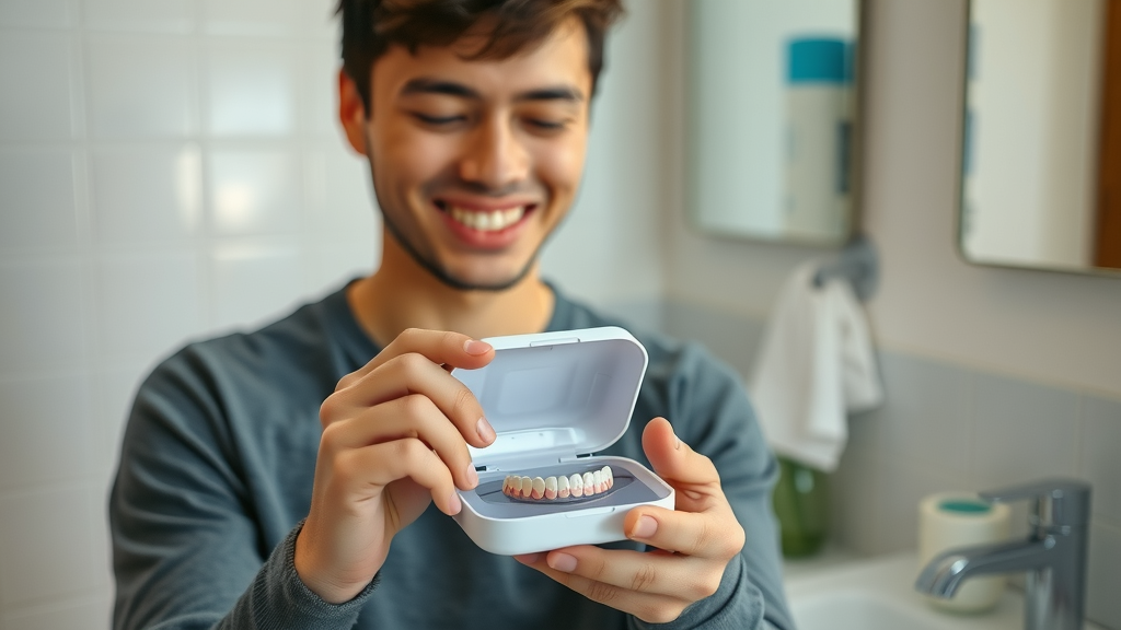 Confident young adult placing retainer in a protective case, mindful and satisfied, proper retainer care to avoid losing or damaging, home bathroom countertop
