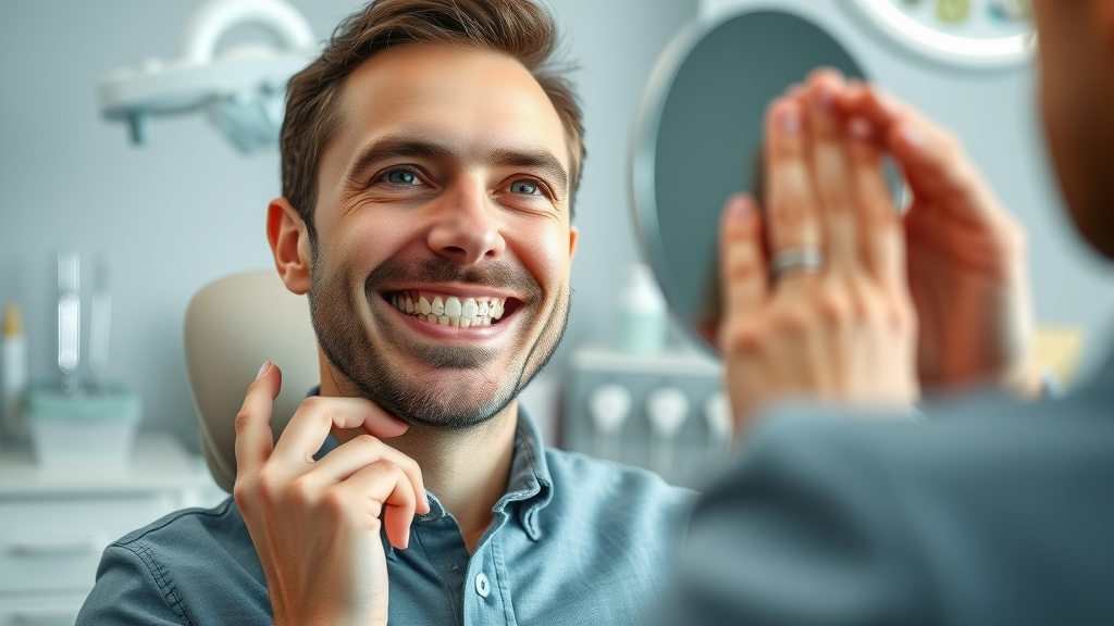adult braces patient checking braces in mirror at dental clinic