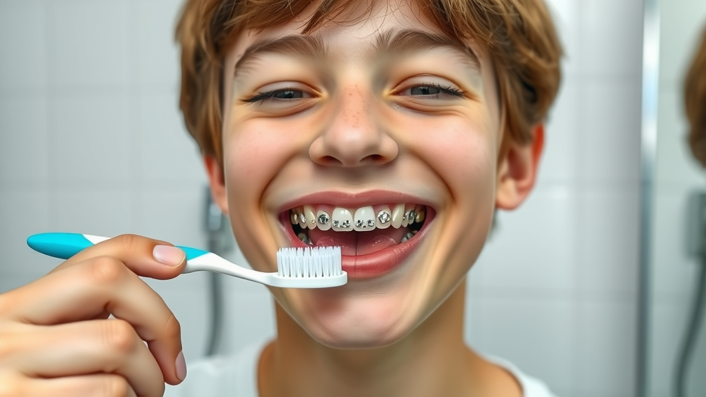 teenager demonstrating how to brush your teeth with braces, showing a toothbrush angled at orthodontic brackets in a bright bathroom