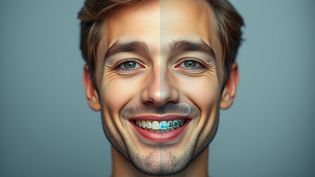 Split-face adult patient displaying clear aligner on one side and metal braces on the other, illustrating comparison for complex orthodontic cases