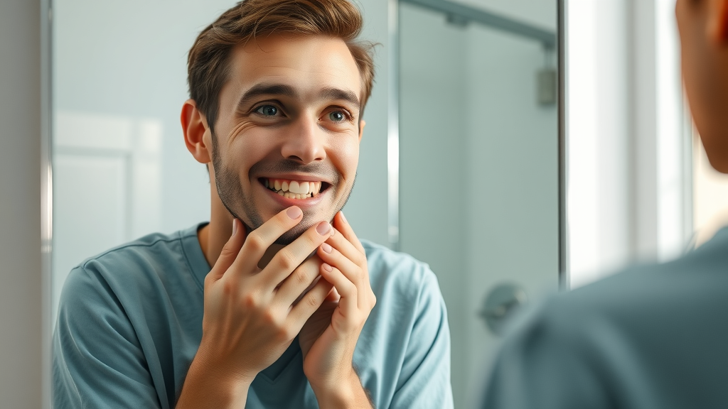 young adult examining mouth in mirror, considering switch from braces to aligners, photorealistic high fidelity, modern home bathroom