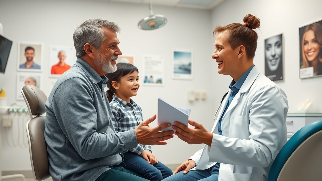 modern orthodontic clinic interior, welcoming atmosphere, orthodontist consulting with family, visible dental equipment, orthodontic treatment discussion