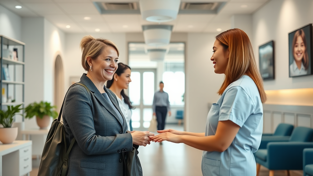 welcoming orthodontist office reception, modern clinic with treatment time focus